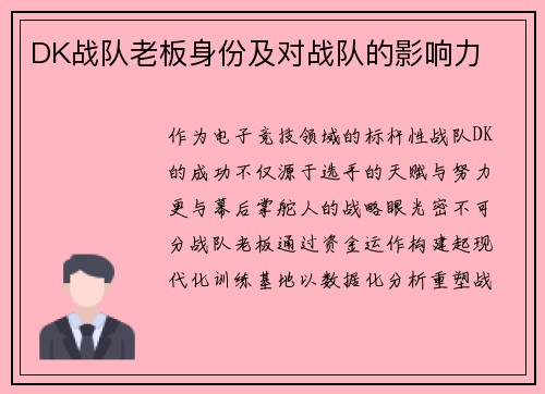 DK战队老板身份及对战队的影响力