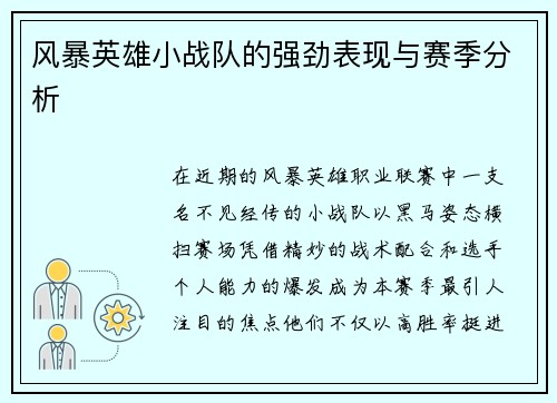 风暴英雄小战队的强劲表现与赛季分析