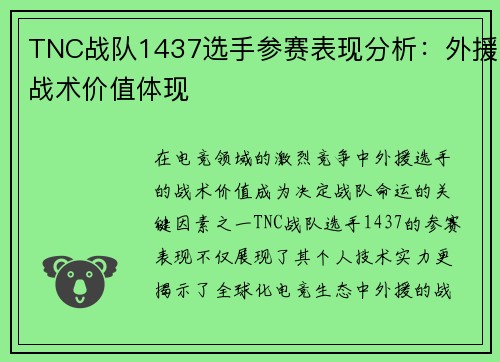TNC战队1437选手参赛表现分析：外援战术价值体现